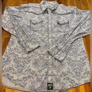 Men's Blue Patterned Rock 47 Wrangler long sleeve pearl button shirt size XL